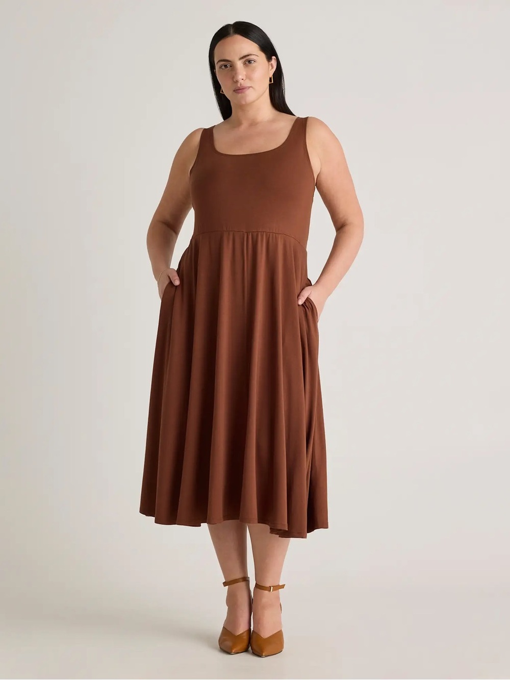 Quince Tencel Jersey Fit & Flare Midi Tank Dress 1X Brown